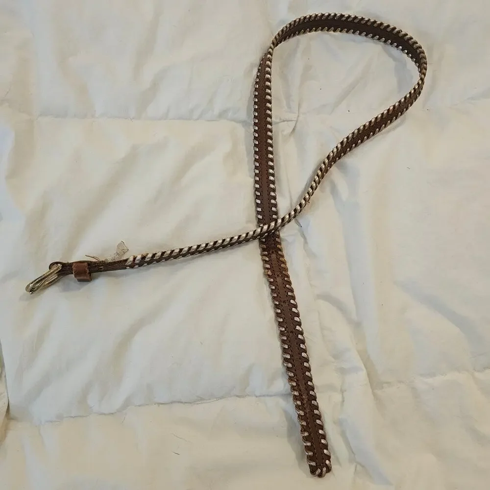J.Crew Brown Leather Whipstitch Skinny Belt Metallic Lace Trim Size S